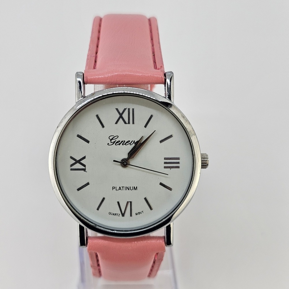 Women's Analog Watch 38MM White Dial Pink Faux Leather Bands NEW Battery